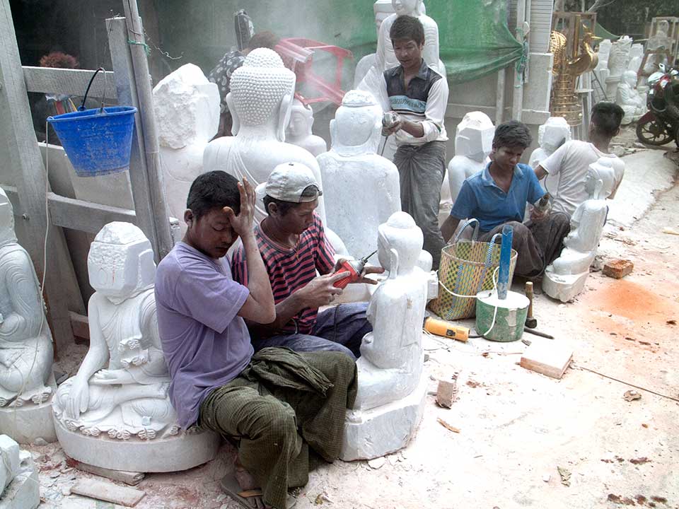 Artisans Sculpting Buddha Statues in Mandalay, Myanmar